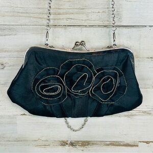 Small Clutch Purse Black Rose Thin Removable Short & Long Chain Strap Kiss Lock
